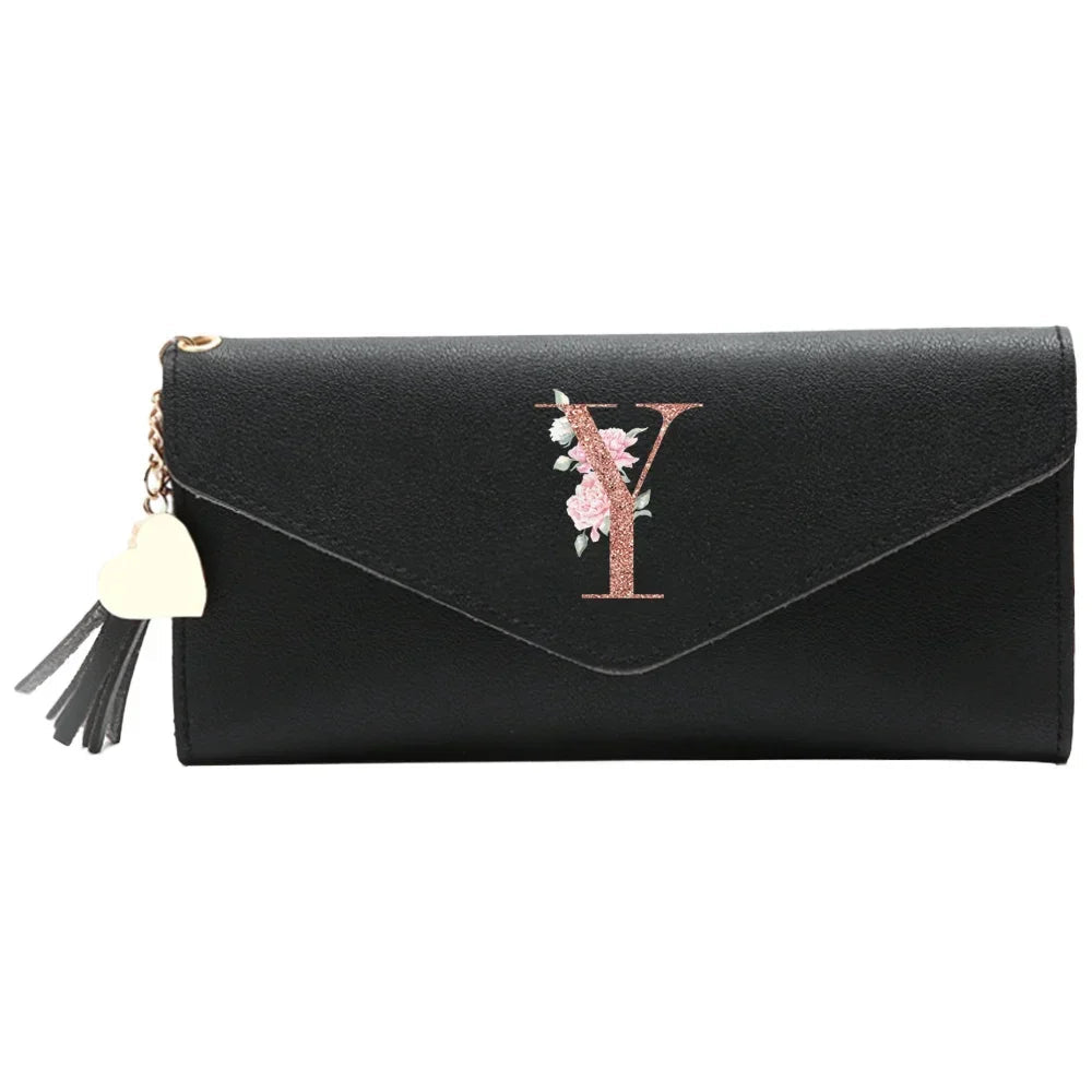 Wallet Black Small Leather Coin Purse Rfid Blocking Wallet Rose Gold Pattern Mini Purse with ID Window for Women Good Vibrations