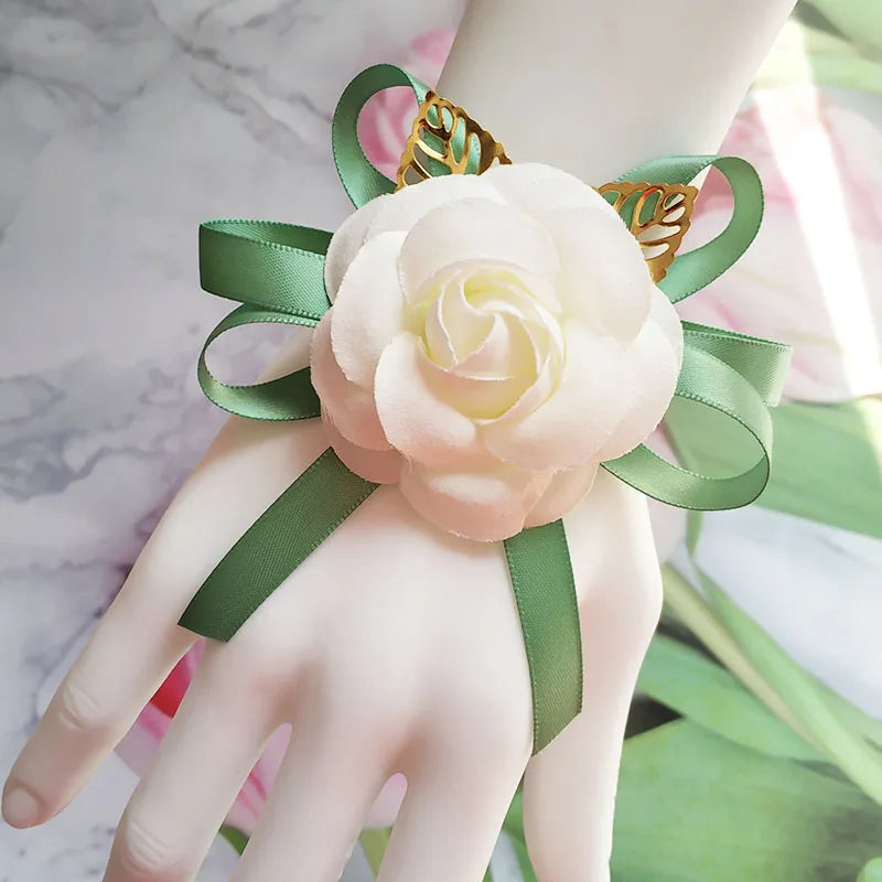 White Boutonniere Wedding Accessories Groom Buttonhole Wrist Corsage Brooch Flowers Artificial Silk Roses Bridesmaids Bracelets Good Vibrations