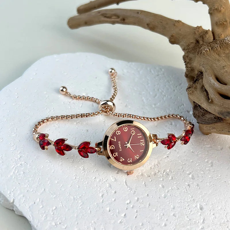 Round alloy case Arabic numeral classic dial leaf-shaped diamond-encrusted fashionable bracelet elegant ladies quartz watch Good Vibrations Adult Super Store