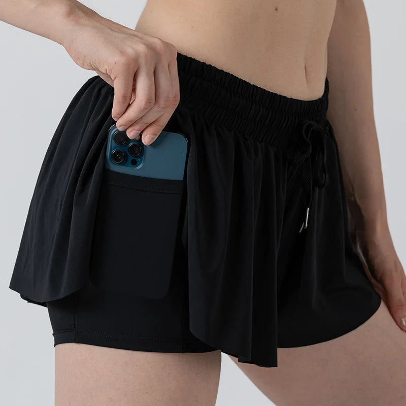 2 in 1 Flowy Sports Shorts Women Running Short Butterfly Tennis Skirt with Pockets Gym Yoga Athletic Biker Spandex Skirts Summer Good Vibrations