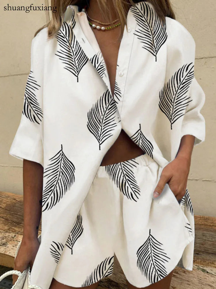 Two Piece Sets Womens Outfits Summer Casual Loose Print Two Piece Sets Fall Boho Beach Holiday Half Sleeve Shirt And Shorts Sets Good Vibrations
