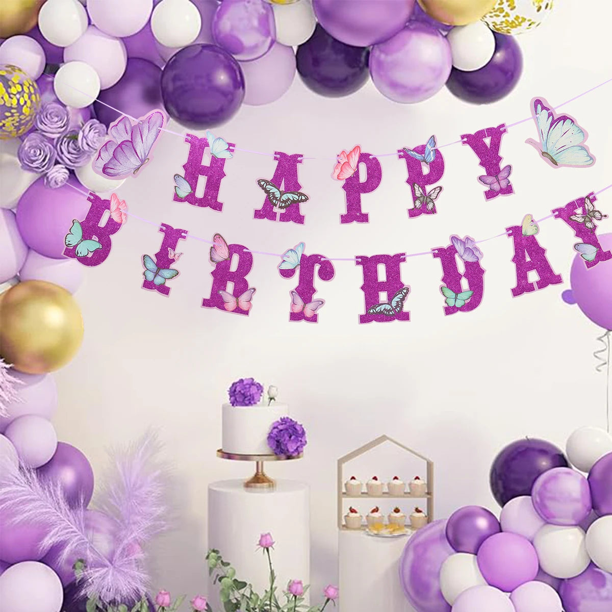 Pink Happy Birthday Banner With Butterfly Dancing Hanging Pendant Garlands  Girls Princess 1st Happy Birthday Party Decorations Good Vibrations