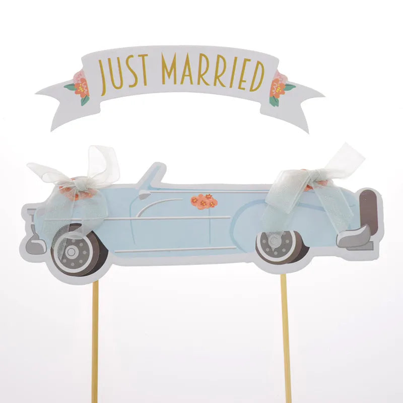 Wedding Cake Topper JUST MARRIED Cupcakes flags Unique Wedding 1set Cake Flags Bride Groom Party Decor New Car Cake Toppers Good Vibrations