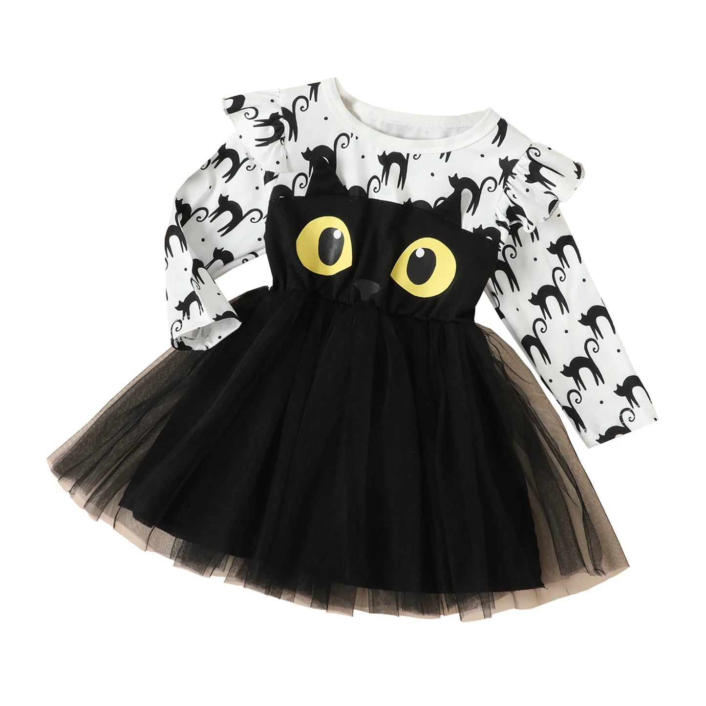 Halloween Kids Dress Girls Autumn Long Sleeve Cotton Cartoon Cat Print Tulle Skirt European American Style Party Costume Good Vibrations