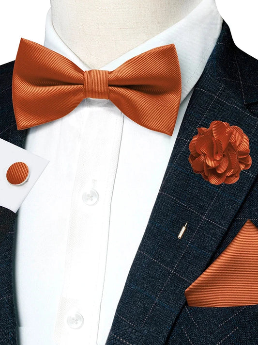 Wedding Bow Tie for Men Solid Pink Pre-tied Bowtie Pocket Square Cufflinks Corsage Set Party Business Silk Butterfly Knot Gift Good Vibrations