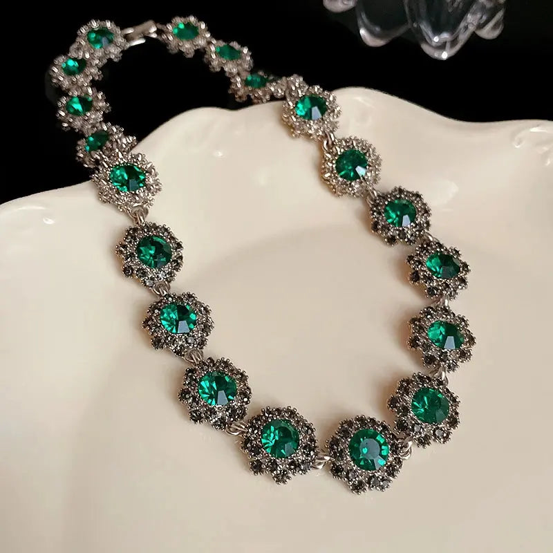 Rhinestone Green Circle Flower Necklace for Women Medieval Vintage Bracelet French Luxury Dainty Earrings Jewelry Sets Wholesale Good Vibrations Adult Super Store