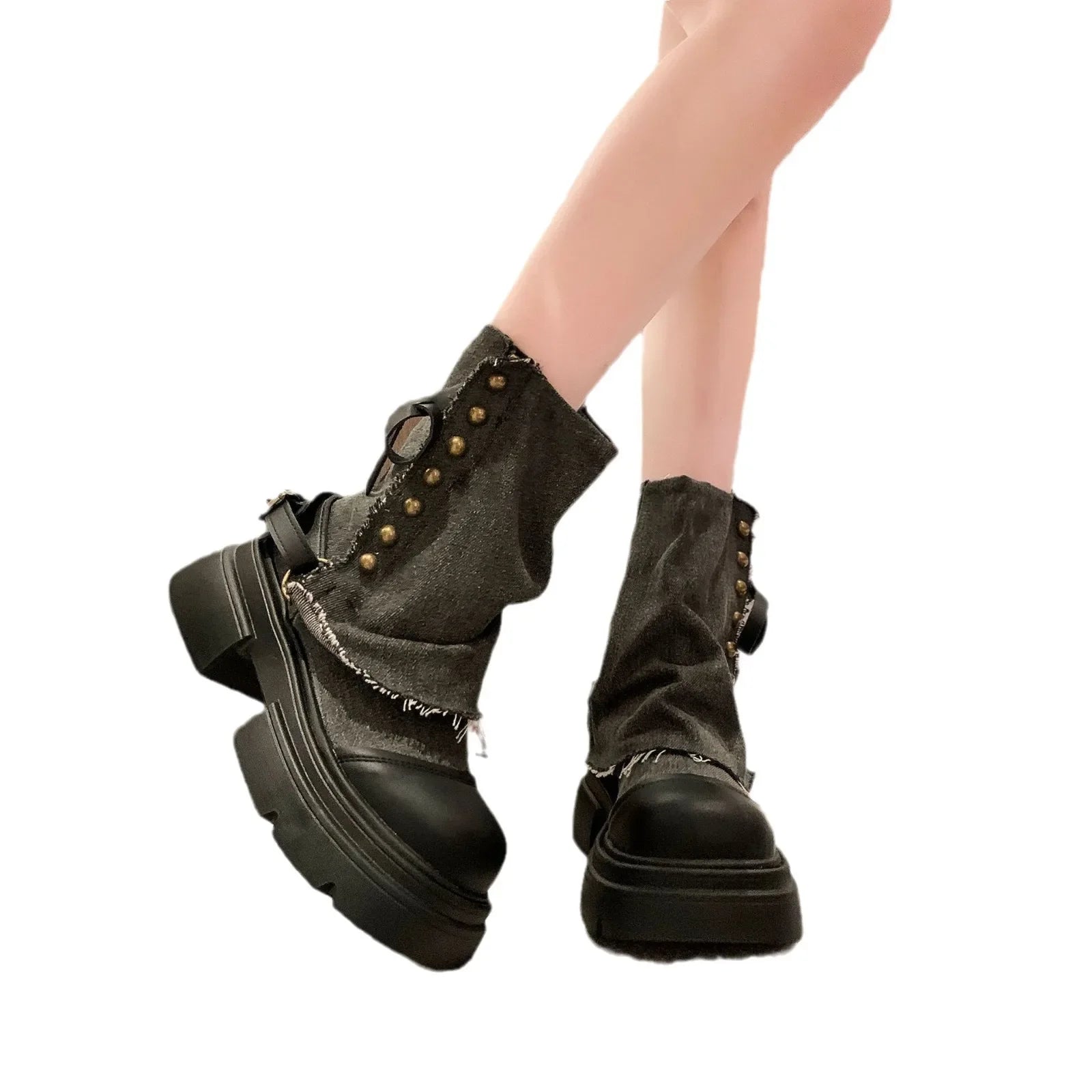 Women's Boots  New Mid Calf Boots for Women Fashion Platform Boot Breathable Canvas Cowboy Boots for Women Motorcycle Botas Good Vibrations