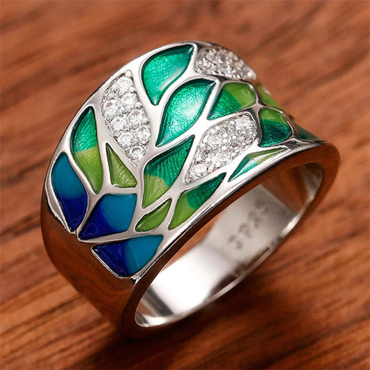 Green Leaf Enamel Handmade Oil Dropping Women's Ring Charm High Luxury Westernized Prom Fancy Birthday Gift Fashion Jewelry Good Vibrations