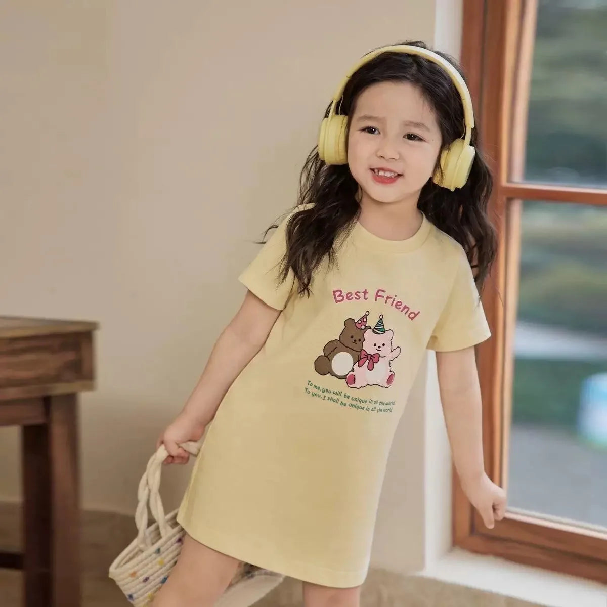 Girls' dress, summer children's casual western-style short sleeved one-piece princess dress, little girls' children's clothing Good Vibrations