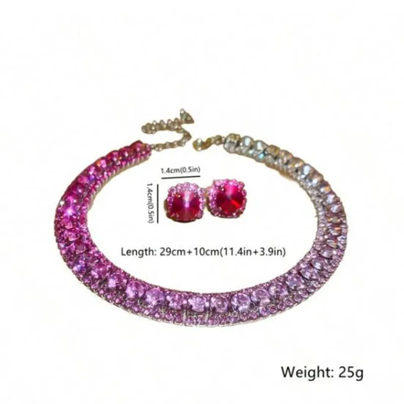 Luxury Crystal Necklace Earrings Set Pink ABcolourful Necklace for Women Weddings Party Jewelry Sets Accessories Good Vibrations Adult Super Store
