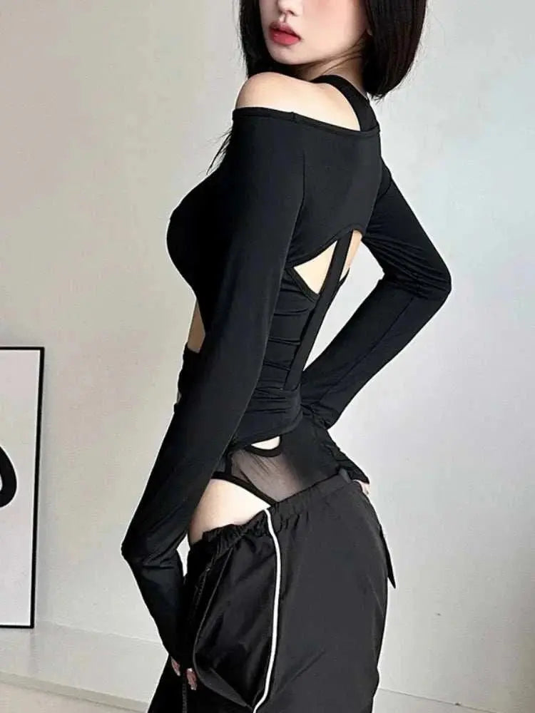 Hollow Out Sexy Bodysuit Lingerie Long Sleeve Bustier One-pieces Lenceria Femenina Solid Black Body Feminino Club Rave Outfit GOOD Vibrations