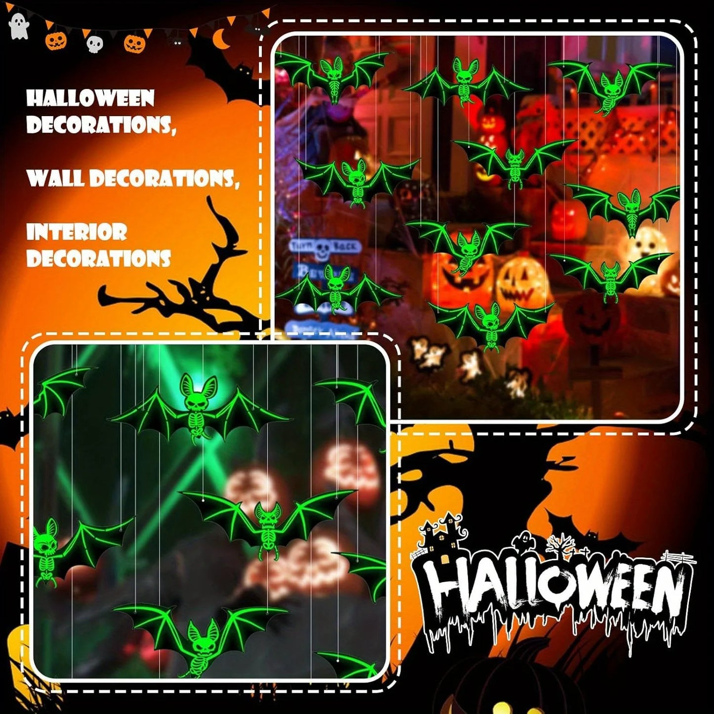 10pcs Halloween Hanging Glow-in-the-Dark Bats - 3D Glowing Green Plastic Decorations for Haunted House Parties Good Vibrations