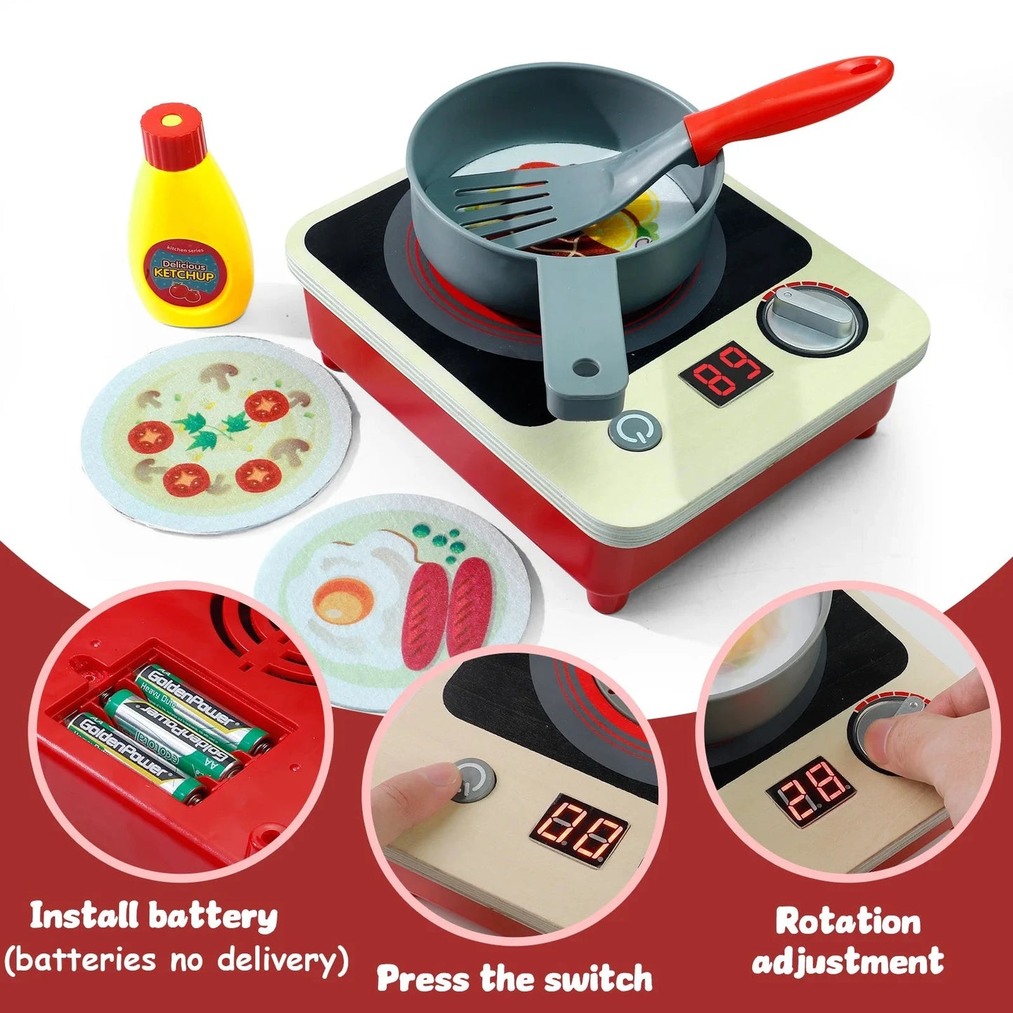 Toy Induction Stove with Light and Sound, Toy Kitchen Appliances for Kids, Play Kitchen Accessories and Toy Food for Girls Boys Good Vibrations