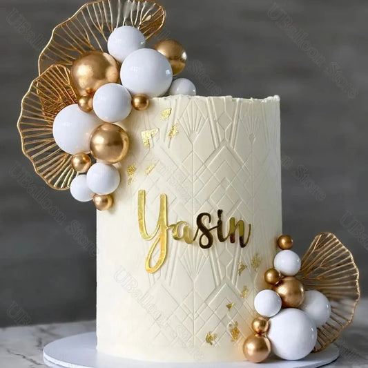 31Pcs White Gold Balls Cake Toppers Golden Ginkgo Leaves Metal Gold Balls Cake Toppers for Wedding Birthday Cake Decorations Good Vibrations