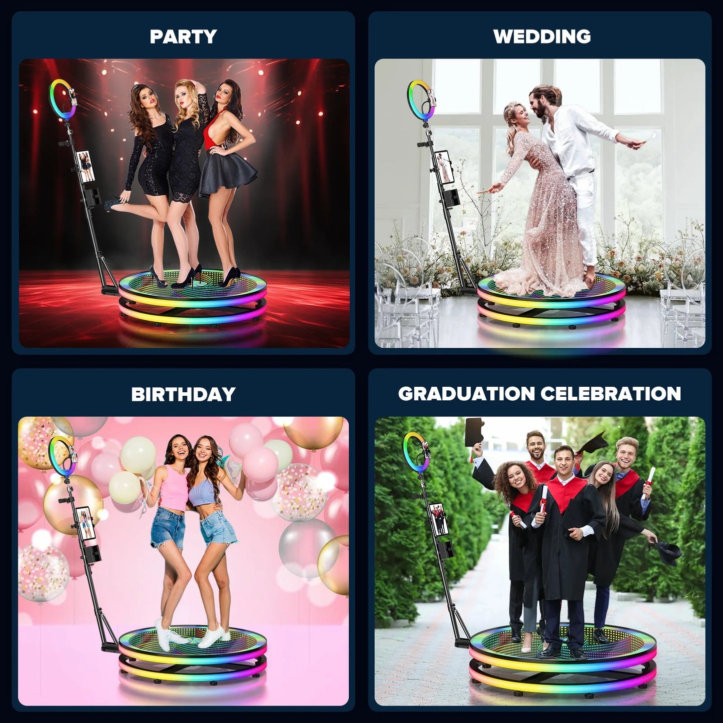 360 Photo Booth 39.4" with RGB Ring Light 360 Photobooth with App Control 360 Rotating Photo Booth Machine for Parties Events Good Vibrations