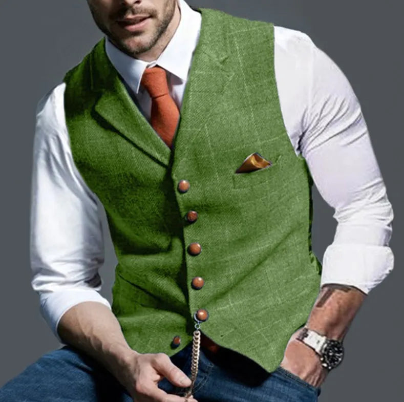2025 Men's Formal Vests Lapel Tweed Plaid V-neck Waistcoat Slim Vest Business Formal Dress Suit Casual Wedding Tuxedo Male Vest Good Vibrations