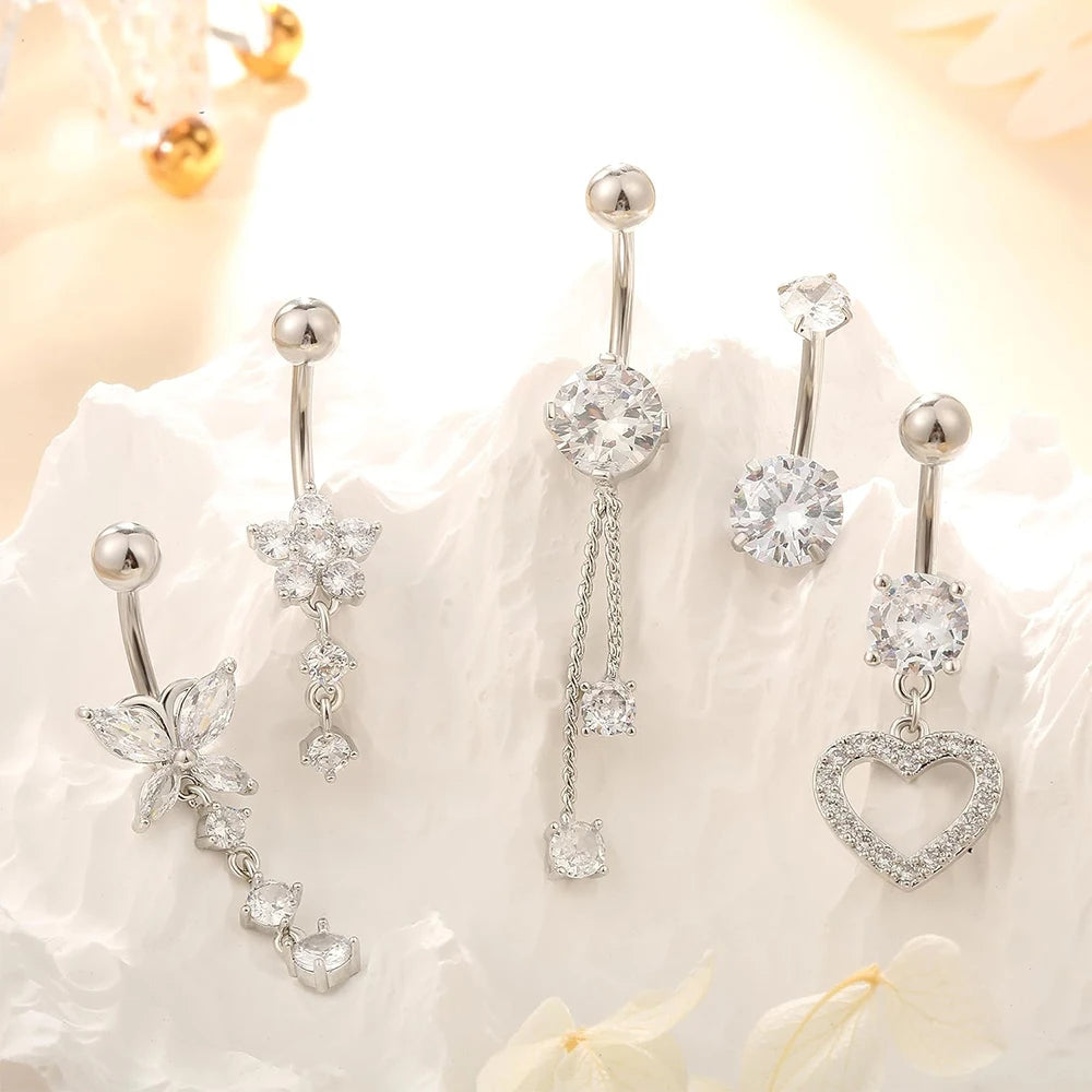 5pcs/lot Dangled Belly Button Rings Belly Piercing Sets 14G Butterfly Heart Curved Navel Piercing for Women Girls Body Jewelry Good Vibrations Adult Super Store