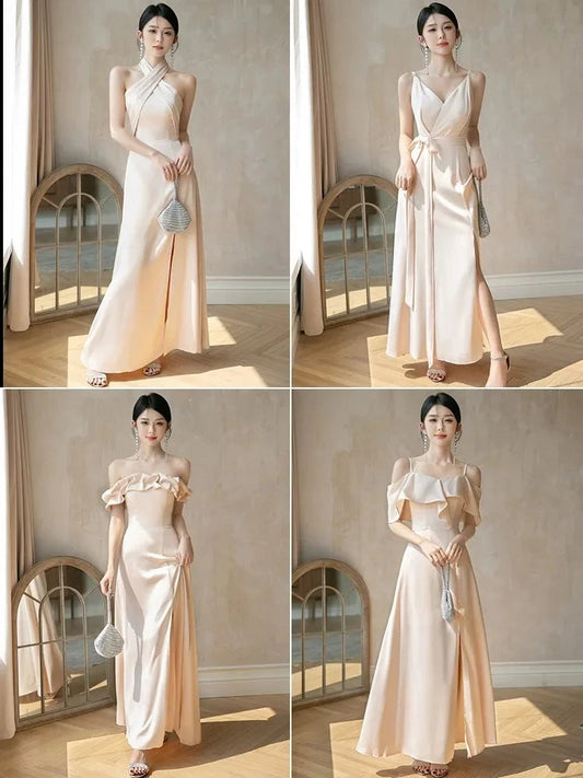 4styles Champagne Bridesmaid Dress Women's Elegant Satin Ruffles Design Off Shoulder Ankle Length Wedding Party Guest Vestido Good Vibrations