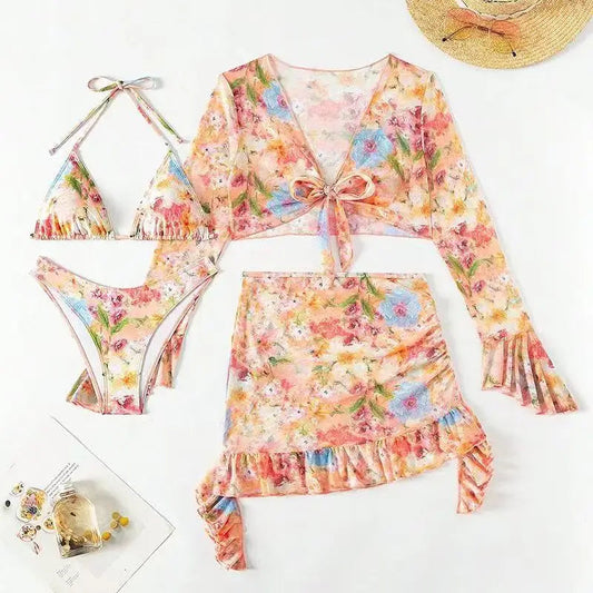2026 New 4 Piece Bikini Set Women Floral Print Long Sleeve Mesh Cover Up Ruffle Skirt Swimsuit Sexy Bathing Suit Swimwear Good Vibrations