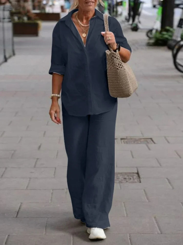 Summer Women's Two-Piece Women's 2024 New Lapel Long Sleeve Shirt Casual Solid Color Long Pants Set Two Piece Set for Women Good Vibrations