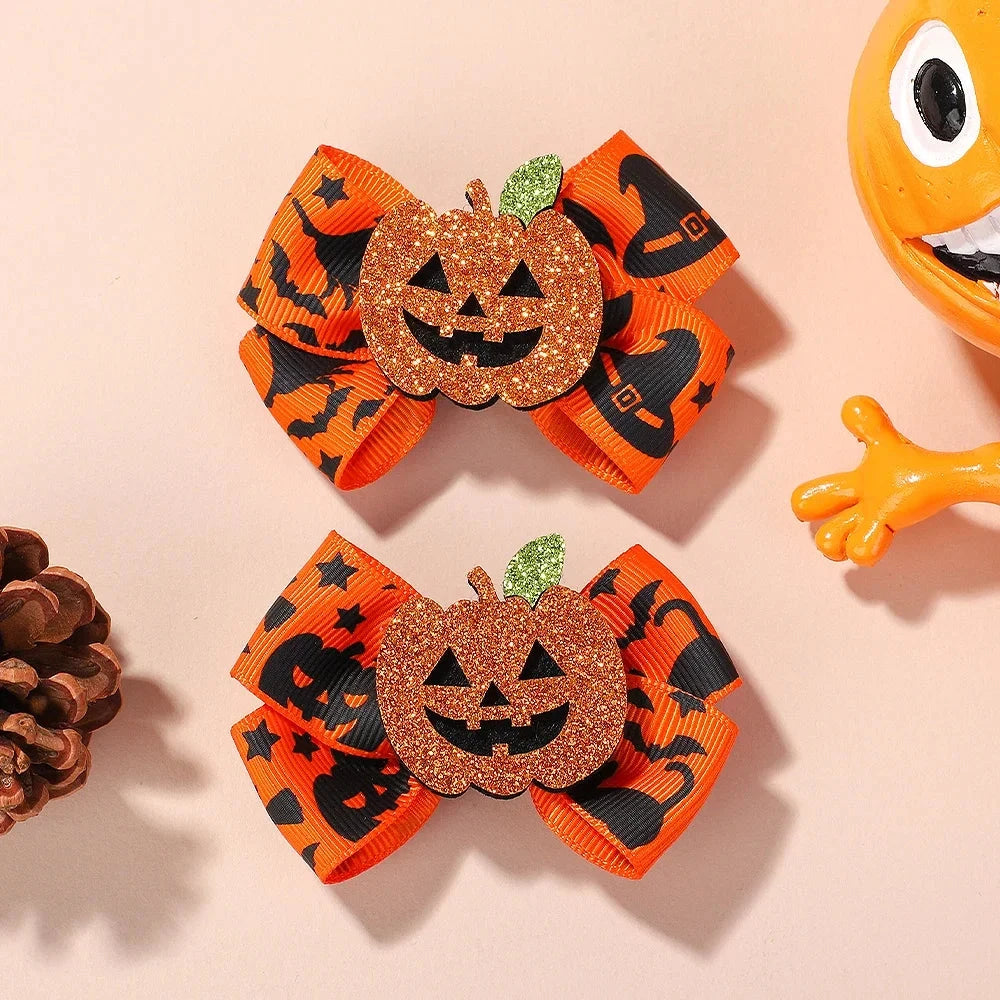 2Pcs Halloween Kids Hairpin Set Handmade Grosgrain Ribbon Bows DIY Pumpkin Spider Decoration Headwear Hair Accessories for Girls Good Vibrations