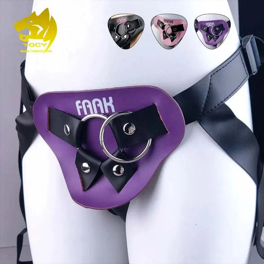 YOCY Wearable Strapon Dildo Penis with Leather Belt for Couples, shown in purple on mannequin.