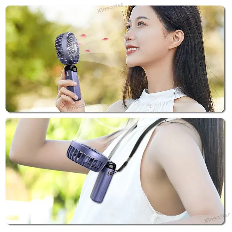 USB Handheld Mini Fan Foldable Portable Neck Hanging Fans 5 Speed Rechargeable Fan with Phone Stand and Display Screen Good Vibrations