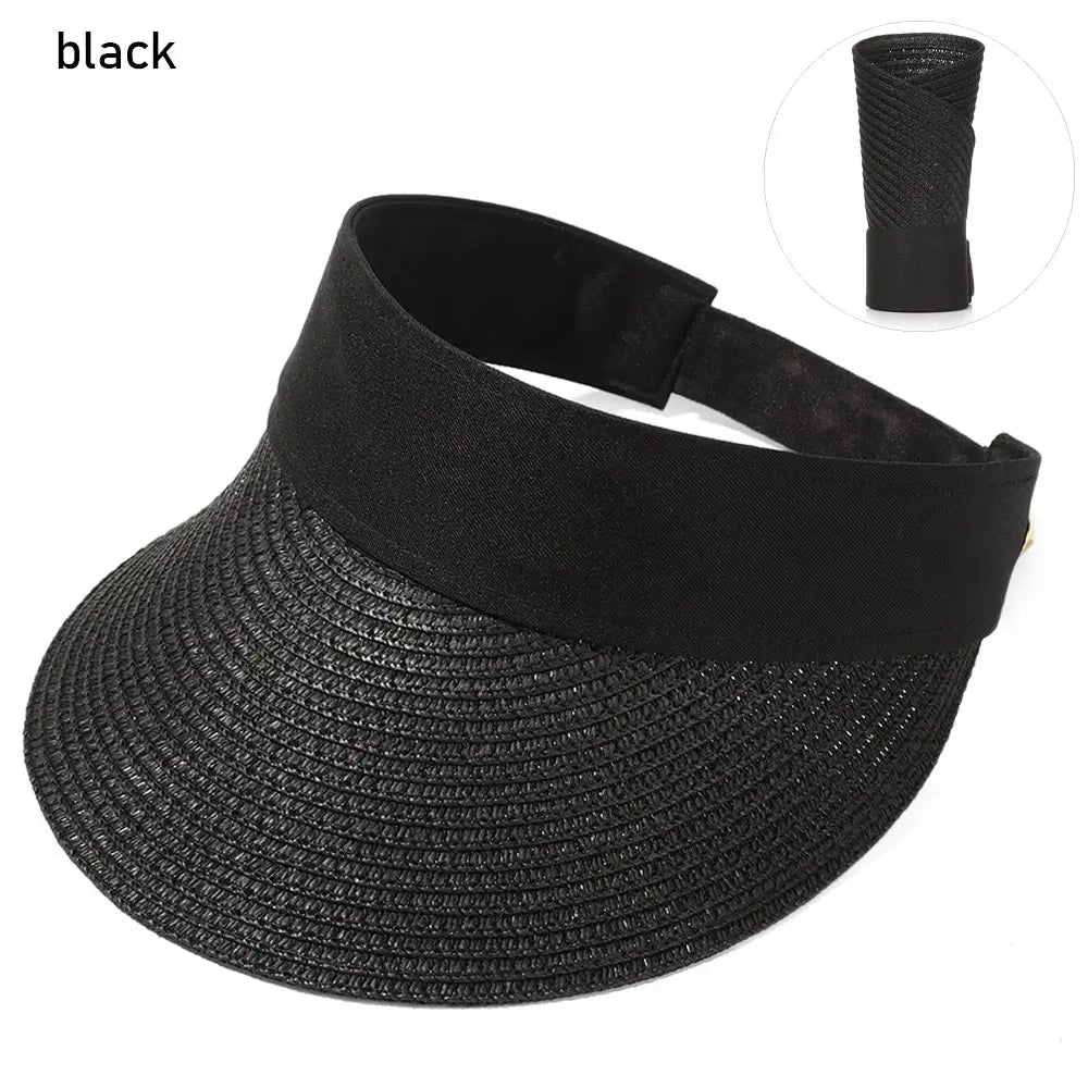 Foldable Portable Beach Hat Wide Brim Sun Hat Roll-up Summer Casual Straw Cap Visors For Women Good Vibrations