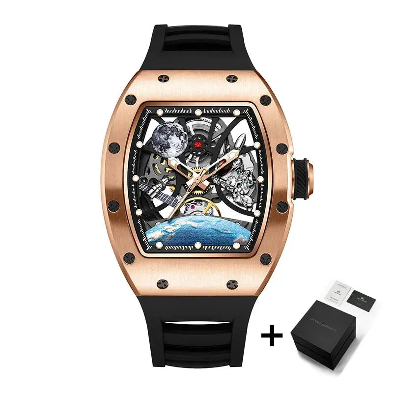 Men's Automatic Watches for Men Fashion Tonneau Mechanical Clock Earth Dial Waterproof Luxury Luminous Skeleton Mens WristWatch Good Vibrations
