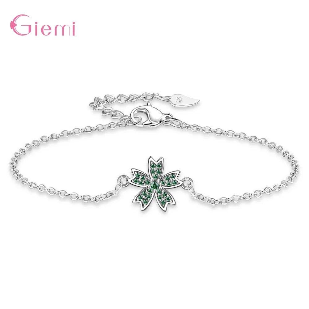 Charm 925 Sterling Silver Jewelry Sets Shiny Cherry Blossoms Cubic Zircon Necklace Earrings Bracelet for Women Girls Party Gift Good Vibrations