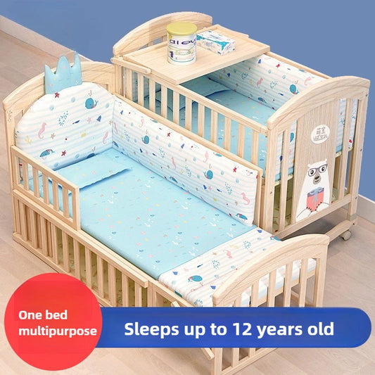 Comfortable Baby Bed,Solid Wood,Movable,with Diaper Changing Table and Mosquito Net,Multifunctional Baby Bed, Adjustable Height Good Vibrations