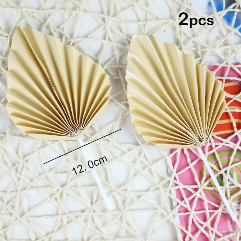 Suit Gold Palm Leaf Paper Fan Happy Birthday Cake Topper Metal Ball Flower Baby Shower Party Cupcake Decor Wedding Cake Toppers Good Vibrations