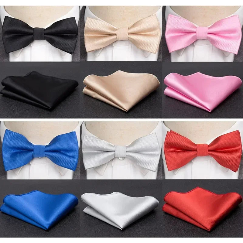 Mens Bowtie Cravat Set Solid Black Pink Red Fashion Butterfly Ties for Men Handkerchief Party Man Gift Wedding Dress Accessories Good Vibrations