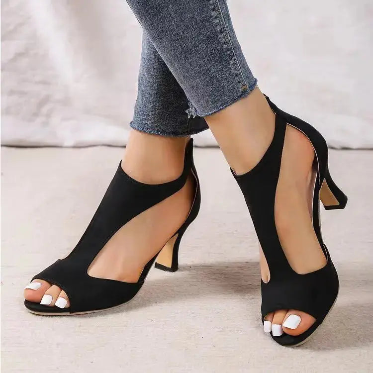 High Heel Womens Fashion Shoes - Zipper Back Closure Chunky French Heel, Round Toe T-strap Design Faux Leather Upper Rubber Sole Good Vibrations