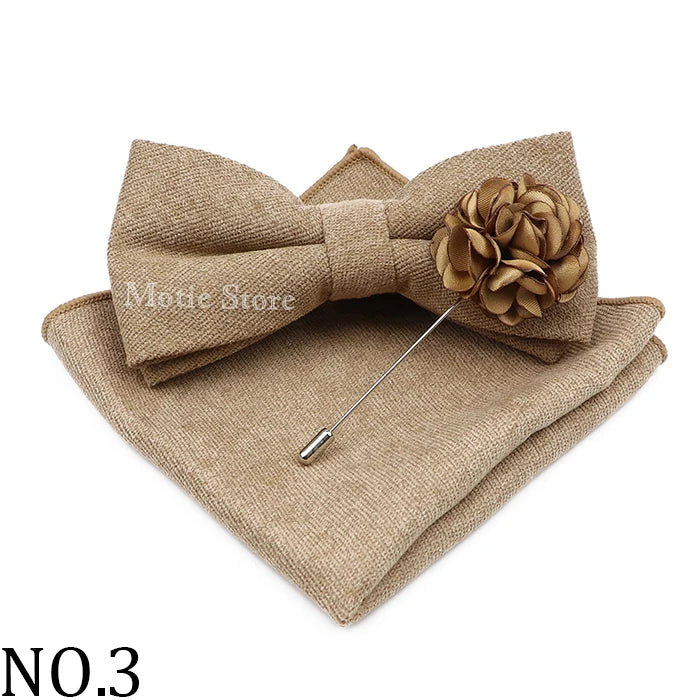 Mens Solid Color Cotton Bowtie Pocket Square Brooch Sets Pink Blue Super Soft Suede Bow Tie Handkerchief For Wedding Party Gift Good Vibrations