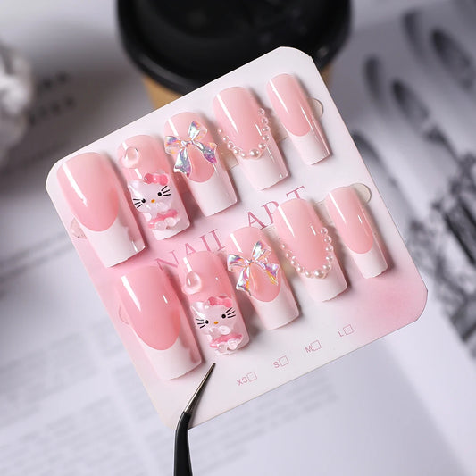 Pink French Fake Nails 3D Pink Hello Kitty, Aurora Bow, Pearl Design False Nail Medium Coffin Shaped Full Cover Press On Nails Good Vibrations