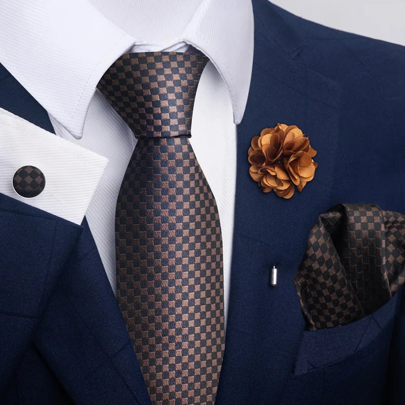 Luxury Mens Ties Floral Black Gold Ties Paisley NeckTie Pocket Square Cufflinks Brooch Set Men's Wedding Party Tie Good Vibrations