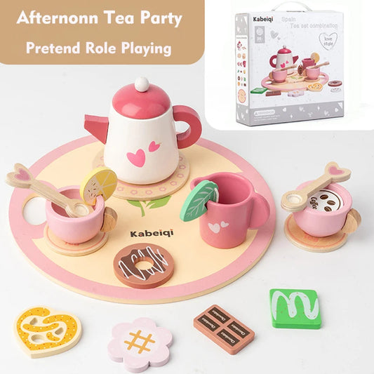 Wooden Kitchen Play Toys Kitchen Simulation Tea Set Afternoon Tea Activity Games Pretend Play Kitchen Accessories Toy for Kids Good Vibrations