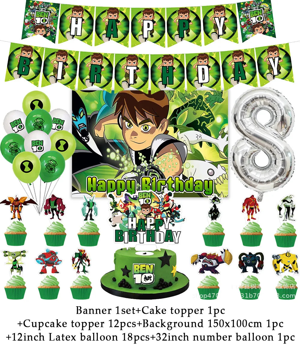 Cartoon Ben-10 Birthday Party Decoration Balloons Favor Set Banner Cake Toppers Baby Shower Boys Gift Party Supplies Photo Prop Good Vibrations