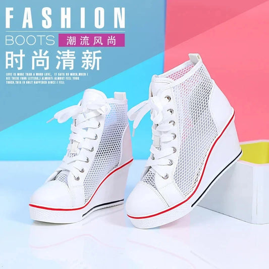 2025  Wedge Heel 8cm Height Increasing Net Shoes Thick Bottom Sandals Women's Casual Lace-up Shoes High-top Hollow Women's Shoes Good Vibrations