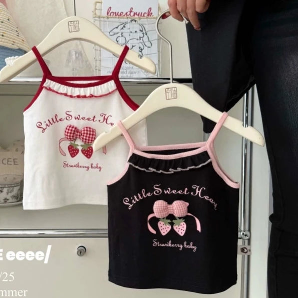 Girls T-shirt 2025 Summer New Childrens Clothing Korean Wind Girl Baby Sweet Lace Lovely Halter Vest Casual Simple Daily Good Vibrations