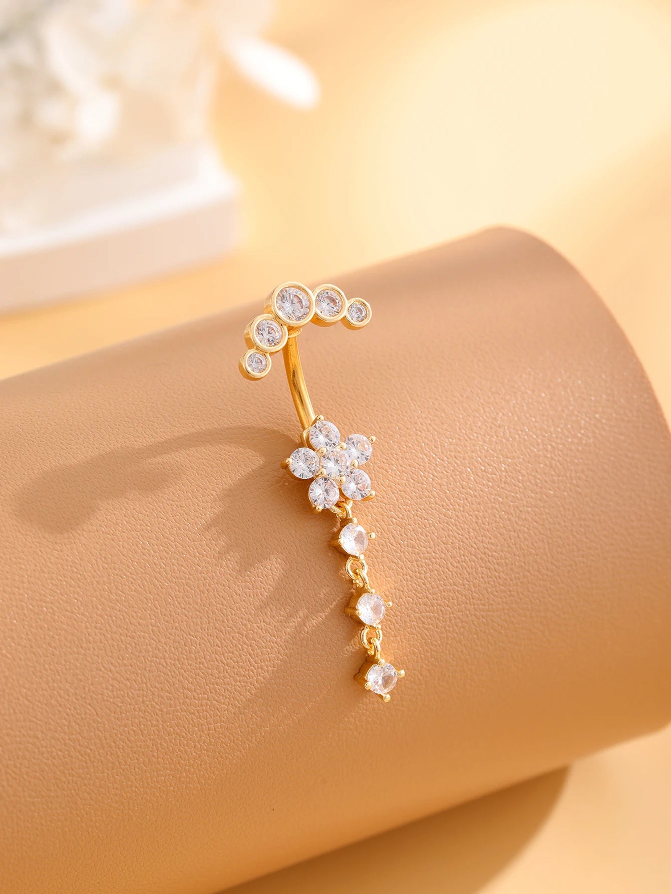Gold Color Stainless Steel Belly Button Ring Long Dangled Flower CZ Crystal Navel Belly Piercing Rings for Women Sexy Jewelry Good Vibrations Adult Super Store