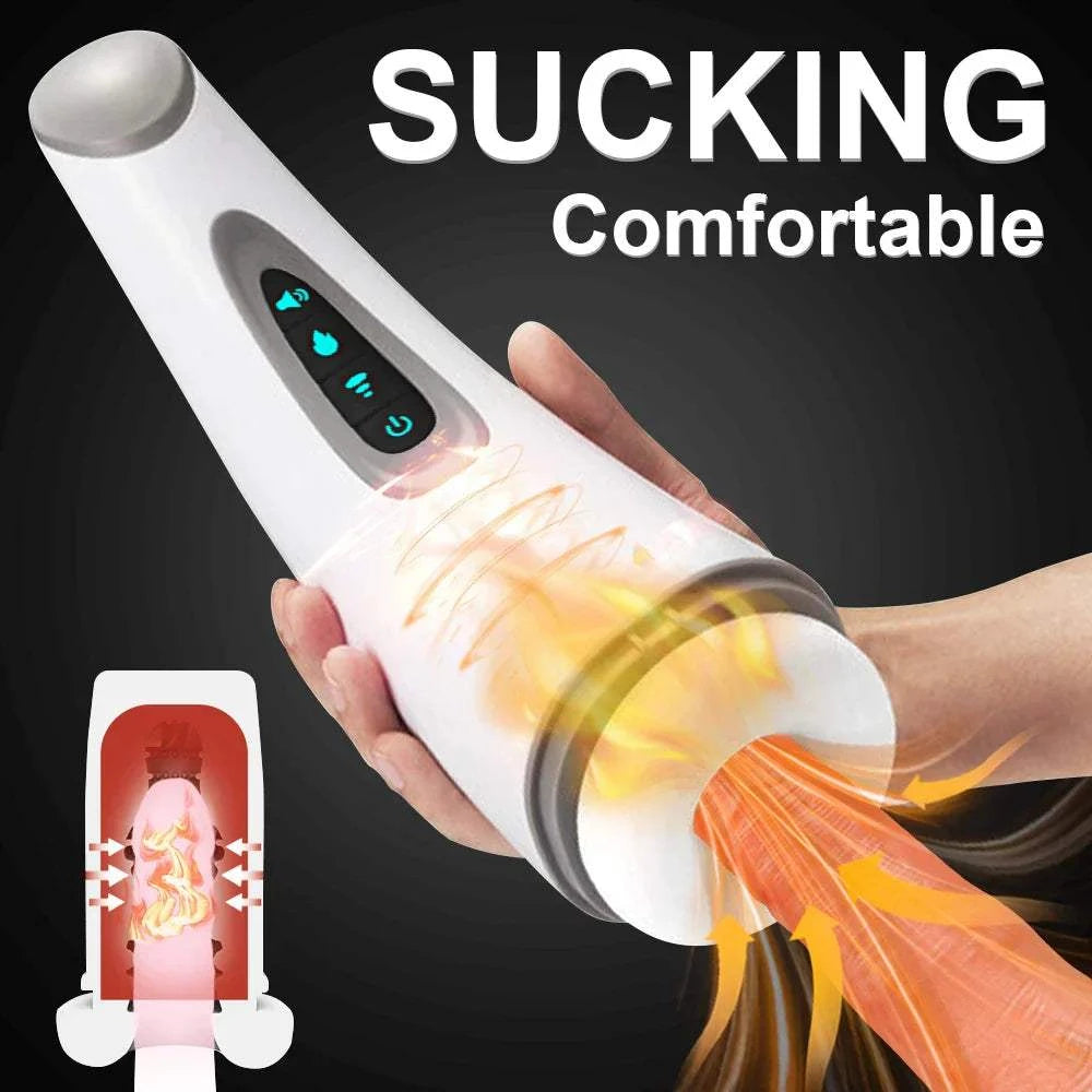 Automatic vagina sucking male masturbator with vibrator and heating features.