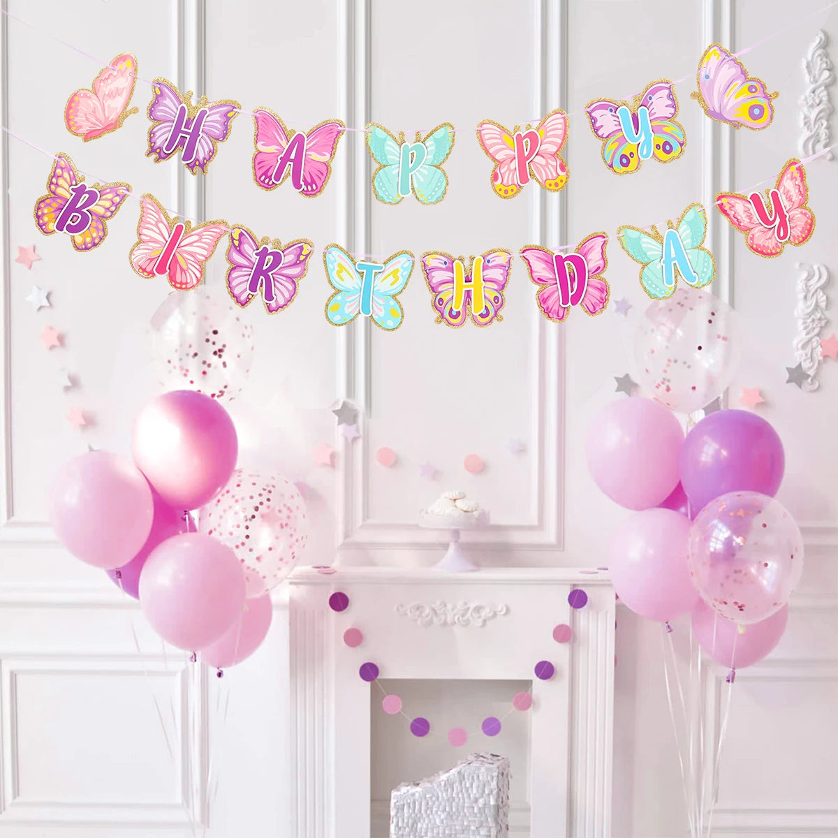 Pink Happy Birthday Banner With Butterfly Dancing Hanging Pendant Garlands  Girls Princess 1st Happy Birthday Party Decorations Good Vibrations