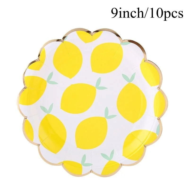 Lemon Disposable Tableware Paper Cups Plates Cake Toppers for Summer Lemon Happy Birthday Pool Party Decoration DIY Cake Supply Good Vibrations