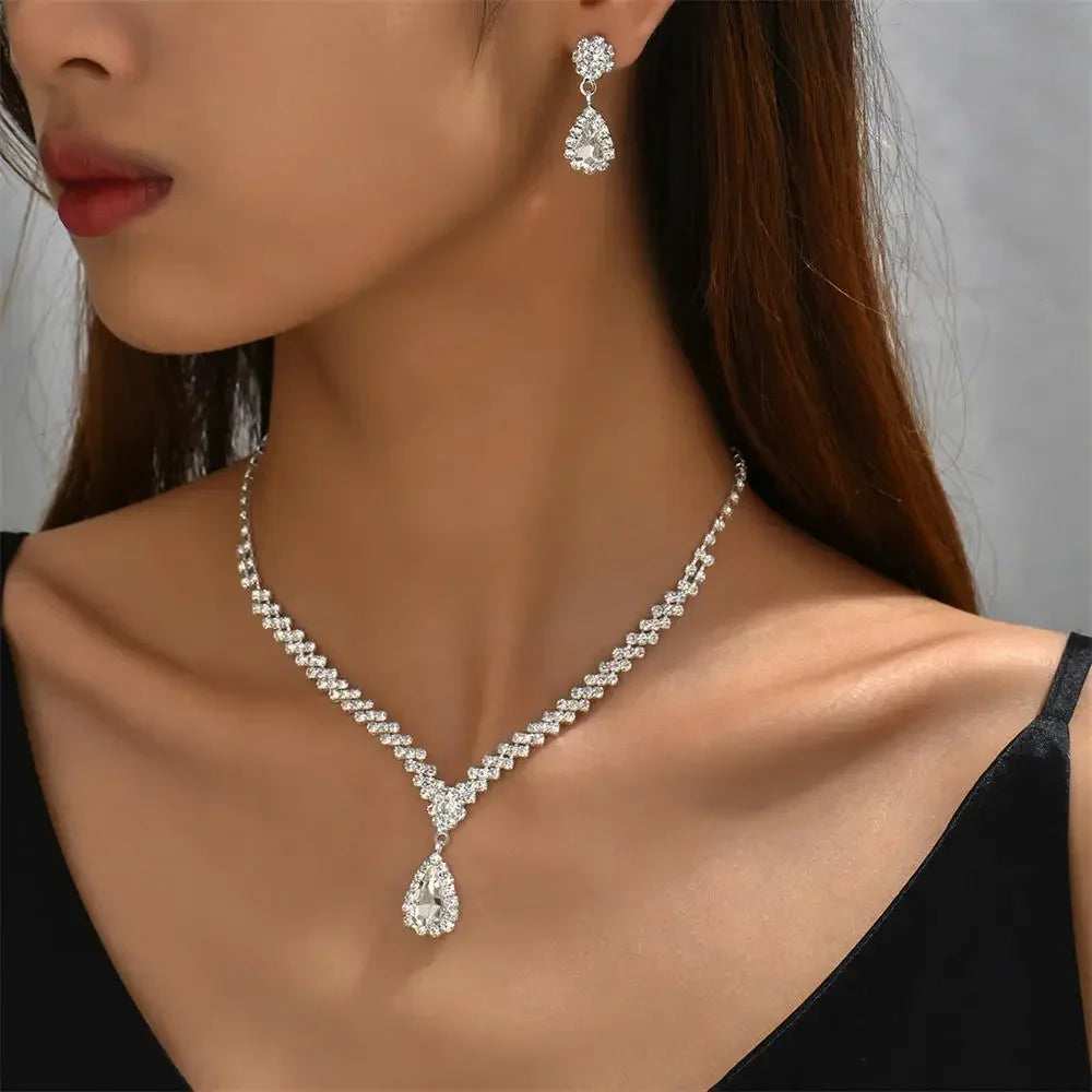 2pcs/set Jewelry Sets Women Elegant Waterdrop Rhinestone Pendant Necklace stud Earrings Wedding Dress Bridal Jewelry Set Good Vibrations