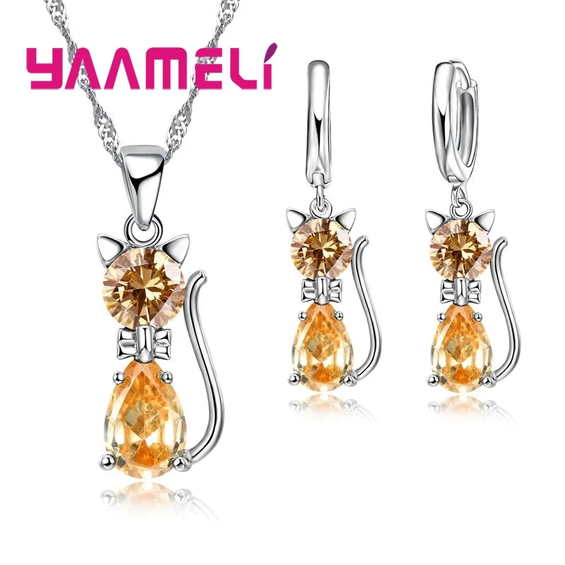 Real 925 Sterling Silver Color Jewelry Sets for Woman Girls Shining Austrian Crystal Cute Cat Pendant Necklace Huggie Earring Good Vibrations