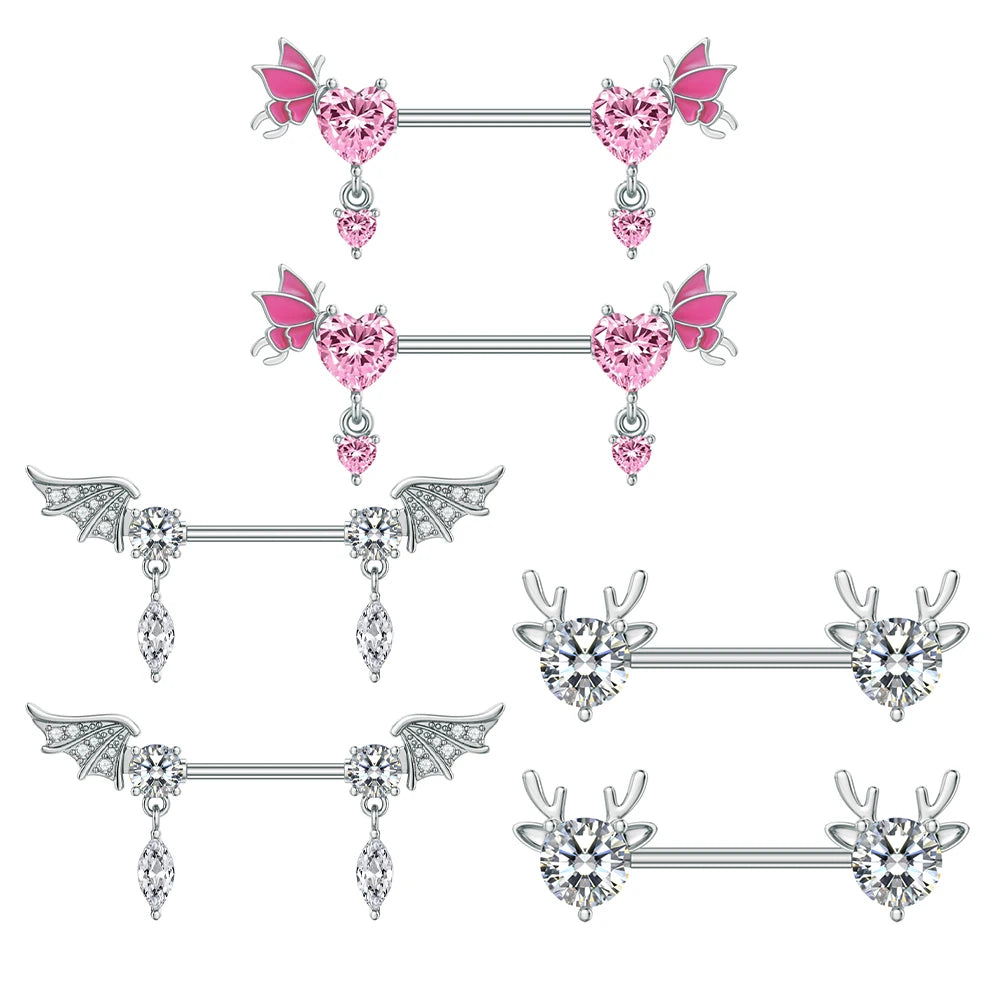 A Pair Cute Heart Dangled Nipple Piercings Barbell for Women Pink Color Moon Butterfly Shaped Sexy Nipple Rings Shield Bar Sets Good Vibrations Adult Super Store