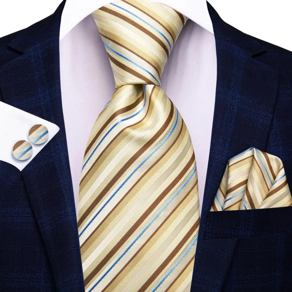 Hi-Tie Champagne Gold Striped Paisley Solid Men Silk Wedding Tie Fashion Design Necktie For Men Hanky Cufflink Business Party Good Vibrations