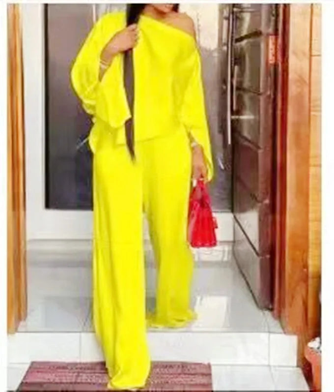 Women's Wide Leg Pants Two Piece Set Fashion Off Shoulder Shirt And Pants Sets Autumn Winter Casual Loose Solid Suit Good Vibrations